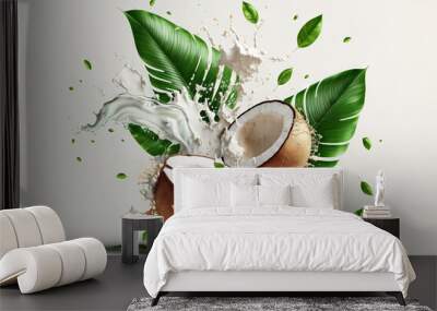 illustration of a broken coconut with leaves on a white background Wall mural