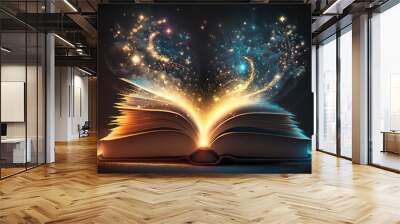 magic book with open pages and abstract lights shining Wall mural