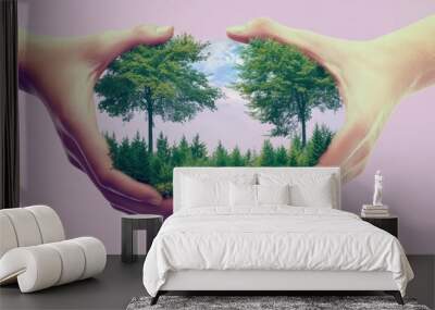 Safe earth concept, collage of two hands helping forest ecosystem on purple background Wall mural