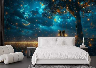 silhouettes of two lovers on the background with moon and stars Wall mural