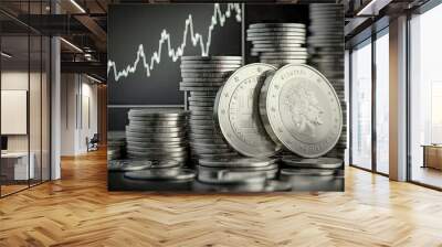 stack of silver coins with trading chart Wall mural