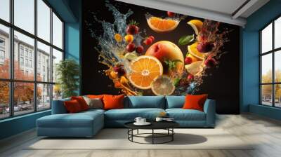 water splash with fruits Wall mural