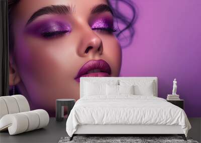 Luxury fashion style, nails manicure, cosmetics , make-up and curly hair . Makeup in shades of purple and violet earrings  Wall mural