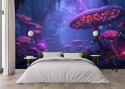 Mushroom jungle with neon light glow Wall mural