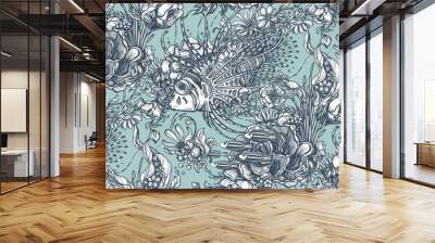 Beautiful vector seamless pattern with hand drawn graphic beautiful ornate sea animals and flowers Wall mural