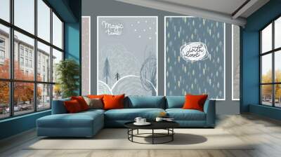 Collection of four trendy vector Christmas cards with hand drawn trees, animals, snowflakes and abstract texture Wall mural