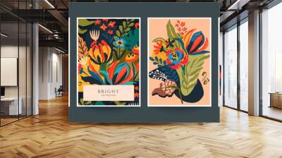 Set of four vector pre-made cards in modern style with nature motifs, flowers and leaves. Templates for your design. Wall mural