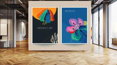 Set of four vector pre-made cards or posters in modern abstract style with nature motifs, flowers, leaves and hand drawn texture. Wall mural