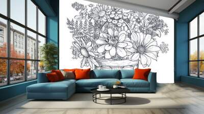 Vector floral composition with black and white hand drawn herbs and wildflowers Wall mural