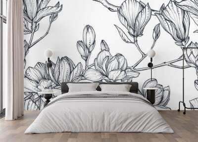 Vector floral seamless pattern of magnolia branches. Romantic elegant endless background Wall mural