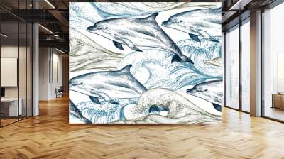 Vector monochrome seamless pattern with ocean waves and dolphins in sketch style Wall mural