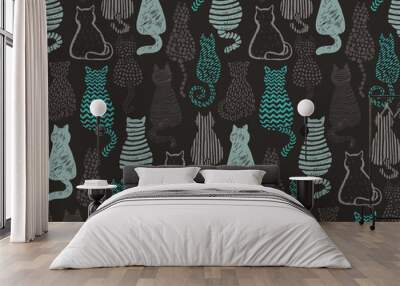 Vector seamless pattern with hand draw textured cats Wall mural