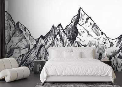 Vector seamless pattern with hand drawn graphic mountain ranges and pine forest. Wall mural