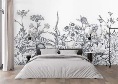 Vector seamless pattern with hand drawn herbs and wildflowers Wall mural