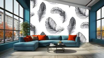 Vector seamless pattern with natural bird feathers. Hand drawn endless background Wall mural