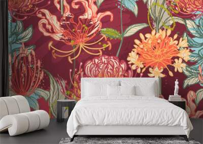 Vector seamless pattern with traditional African flowers and plants and abstract texture. Wall mural