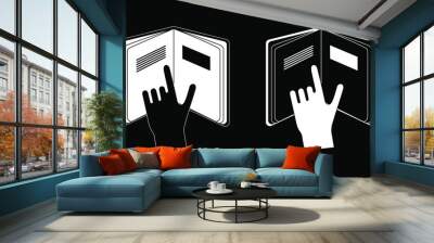 A set of graphic images of a hand on an open book. Be careful. Editable strokes. Vector illustration. Wall mural