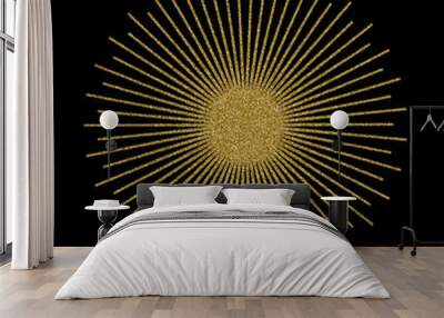 Abstract golden sunburst on black background. Vintage sun burst design element. Geometric shape, light ray. Wall mural