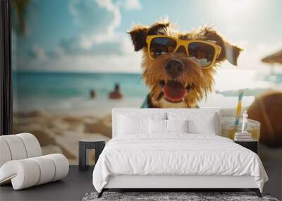 adorable dog sit sand at the beach sea on summer vacation holidays, wearing sunglasses and flower hawaiian drinking cocktail. Wall mural