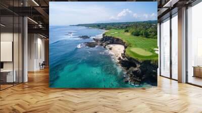 Aerial view of Anahita luxury resort and golf court with Ile aux Cerfs Lagoon, Flacq, Mauritius. Wall mural