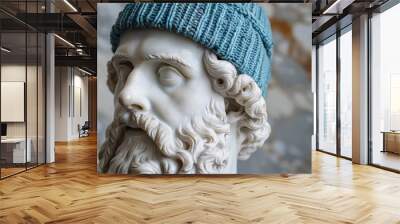 ancient Marble statue of bearded man wearing a blue beanie Wall mural