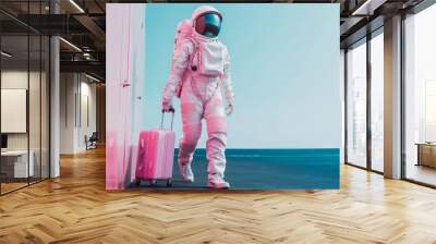 Astronaut in pink space suit and helmet is standing with the travel suitcase in hand on the gray road. Space tourism concept. Wall mural