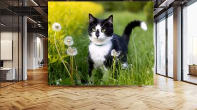 Black and white cat near dandelions in the park Wall mural