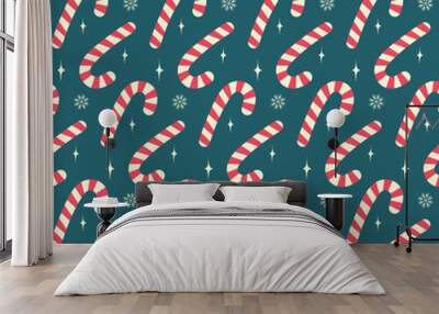 Candy Canes Snowflakes Decorative Stars Seamless pattern on Dark Background Christmas greeting idea Wall mural