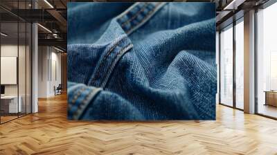 close up of blue jeans cloth. wrinkled surface. cropped image. Wall mural