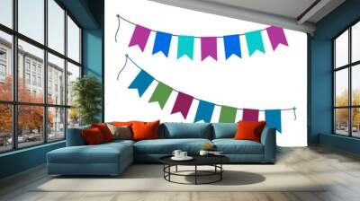 Colorful pennants garlands on rope in trendy bright shades. Set of 2 greetings design elements idea Wall mural