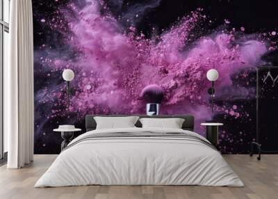 Cosmetics brush and explosion colorful makeup powder black background Wall mural