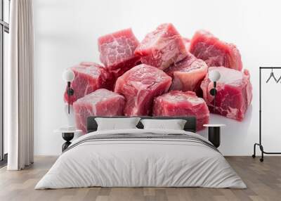 Diced red beef meet, cubes of raw beef isolated on white background. Wall mural