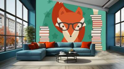 Education concept. Fox in glasses with many books Wall mural