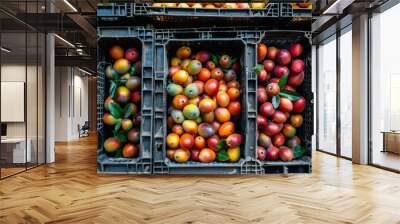 Fresh raw organic uncooked mango tropical fruit in box for sale at market. Vegan food and healthy nutrition concept. Stock photo green mango on market background. Wall mural