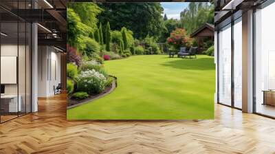 Front yard, landscape design With multicolored shrubs intersecting with bright green lawns Behind the house is a modern, garden care service, green grass with a beautiful yard for the background. Wall mural