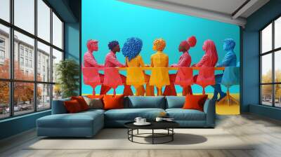 Group of people sitting at a long table. Silhouettes cut out of paper. Origami style. Creative design. Wall mural