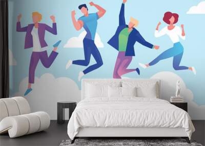 Group of young people jumping on white background with copy space. Stylish modern vector illustration with happy male and female teenagers Party, sport, dance and friendship team concept Wall mural