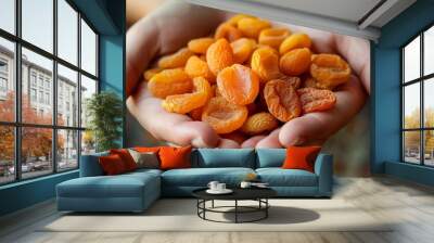 handful of dried apricots. Woman holding dried apricots Wall mural