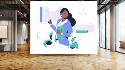 Confident happy african american businesswoman in suit drawing using pen. Wall mural