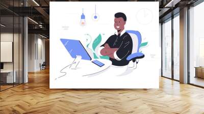 Happy african american businessman crossing hands using computer and smartphone. Wall mural