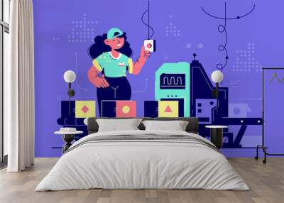 Happy woman at work controlling automatic production. Wall mural