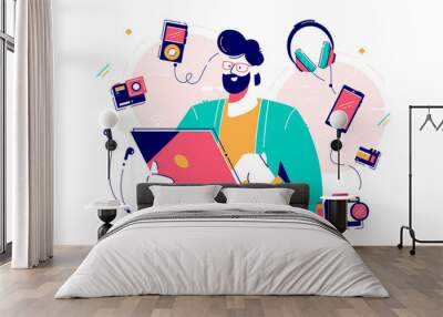 Male character surrounded with gadgets flat design concept Wall mural