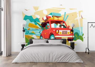 Man travelling by car, road trip with family Wall mural