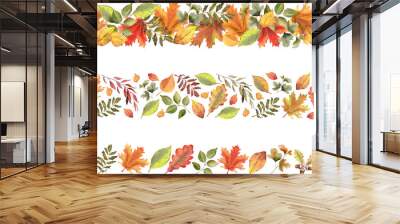 Fall leaves border. Hand painted watercolor illustration. Colorful autumn folliage. Seamless pattern Wall mural