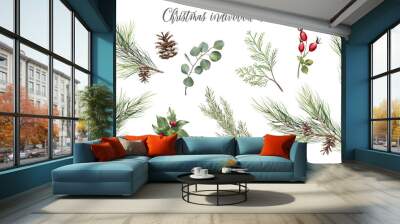 Watercolor Christmas floral element set. Winter greenery clipart for greeting card. Fir branches, red berries, eucalyptus leaves, pine coin. Illustration isolated on transparent background Wall mural