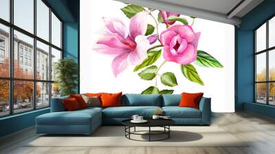 Watercolor floral illustration with blooming pink magnolia flowers and branches isolated on white background. Spring or summer flowers for invitation, wedding or greeting cards. Wall mural