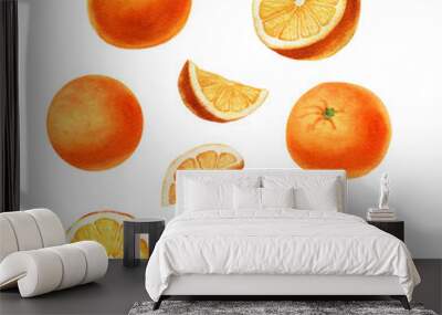 Watercolor orange fruits. Citrus set with half and slices. Isolated on white background. Hand painted,  botanical painting perfect for kitchen design, cards, poster, textile, menu Wall mural