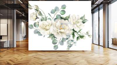 Watercolor white flowers arrangement. Floral bouquet of creamy peony, ivory rose, sage green foliage,  greenery and eucalyptus leaves.  Hand painted illustration for wedding invitation, background Wall mural