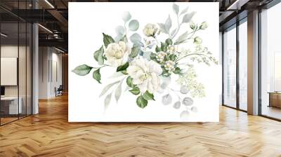 Watercolor white flowers arrangement. Floral bouquet of creamy peony, ivory rose, sage green foliage,  greenery and eucalyptus leaves.  Hand painted illustration for wedding invitation, background Wall mural