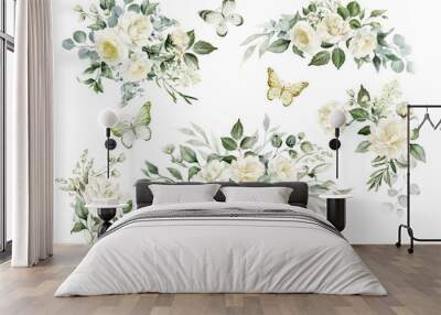 White flowers and green eucalyptus leaves watercolor illustration isolated on transparent background. Creamy roses bouquets, wedding florals Wall mural